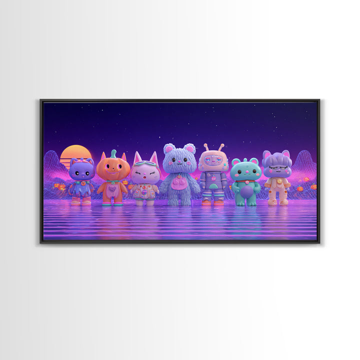 The Friendly Familiar Club, 80s Halloween Wall Art, Wide Panoramic Art, Canvas Print, Retro Halloween Decor, Neon Wall Art