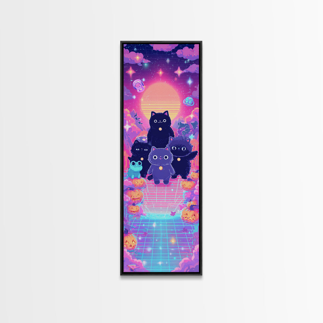 The Friendly Familiar Club, Vaporwave Halloween Decor, Tall Narrow Wall Art, Canvas Print, Retro Halloween Decor, Neon Wall Art