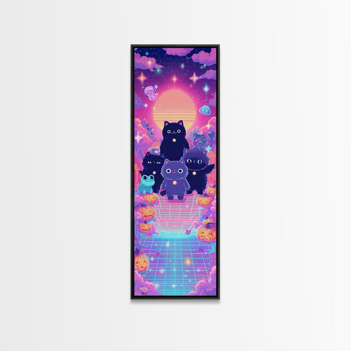 The Friendly Familiar Club, Vaporwave Halloween Decor, Tall Narrow Wall Art, Canvas Print, Retro Halloween Decor, Neon Wall Art