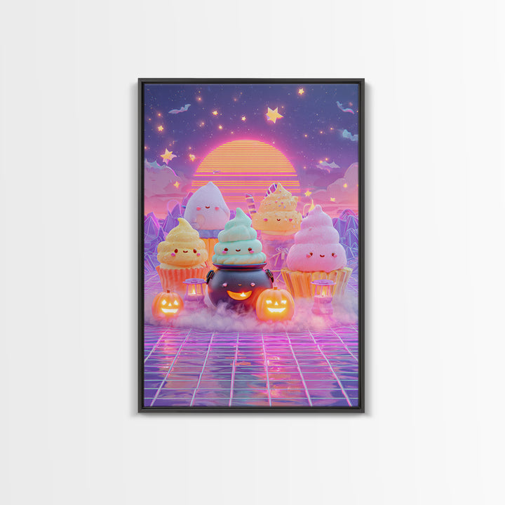 The Cupcake Cauldron Class, Vaporwave Halloween Decor, Vertical Wall Art, Canvas Print, Retro Halloween Decor, Neon Wall Art