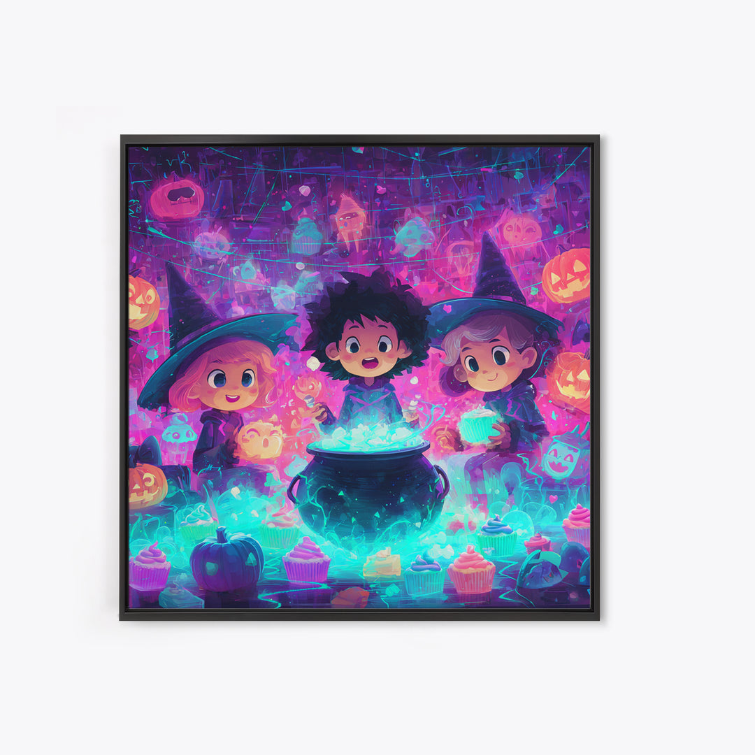 The Cupcake Cauldron Class, 80s Halloween Wall Art, Square Wall Art, Framed Canvas Print, Retro Halloween Decor, Neon Wall Art
