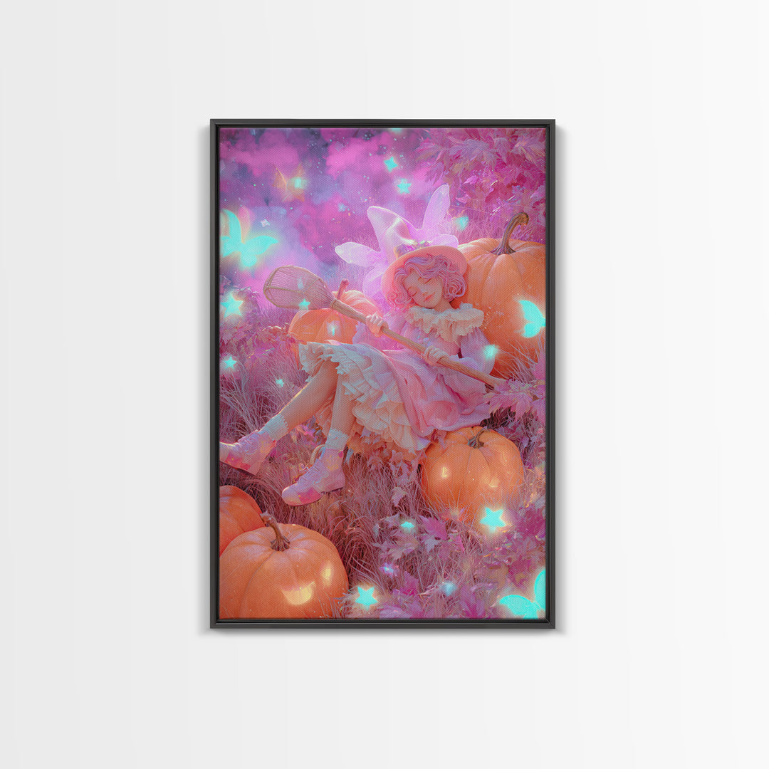 The Cloud-Catching Wizard, Retro Neon Halloween Art, Vertical Wall Art, Canvas Print, Retro Halloween Decor, Neon Wall Art
