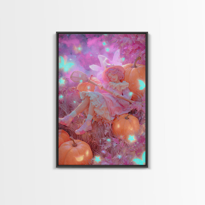 The Cloud-Catching Wizard, Retro Neon Halloween Art, Vertical Wall Art, Canvas Print, Retro Halloween Decor, Neon Wall Art