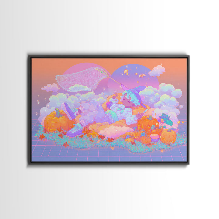 The Cloud-Catching Wizard, Cute Spooky Neon Art, Landscape Wall Art, Canvas Print, Retro Halloween Decor, Neon Wall Art