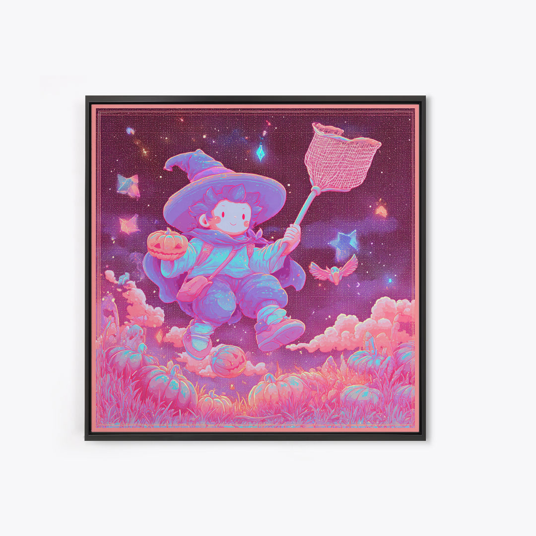The Cloud-Catching Wizard, Retro Neon Halloween Art, Square Wall Art, Canvas Print, Retro Halloween Decor, Neon Wall Art, Horror Wall Art