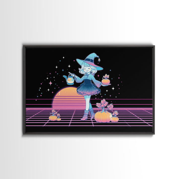The Moon Garden Witch, Cute Spooky Neon Art, Landscape Wall Art, Canvas Print, Retro Halloween Decor, Neon Wall Art, Horror Wall Art