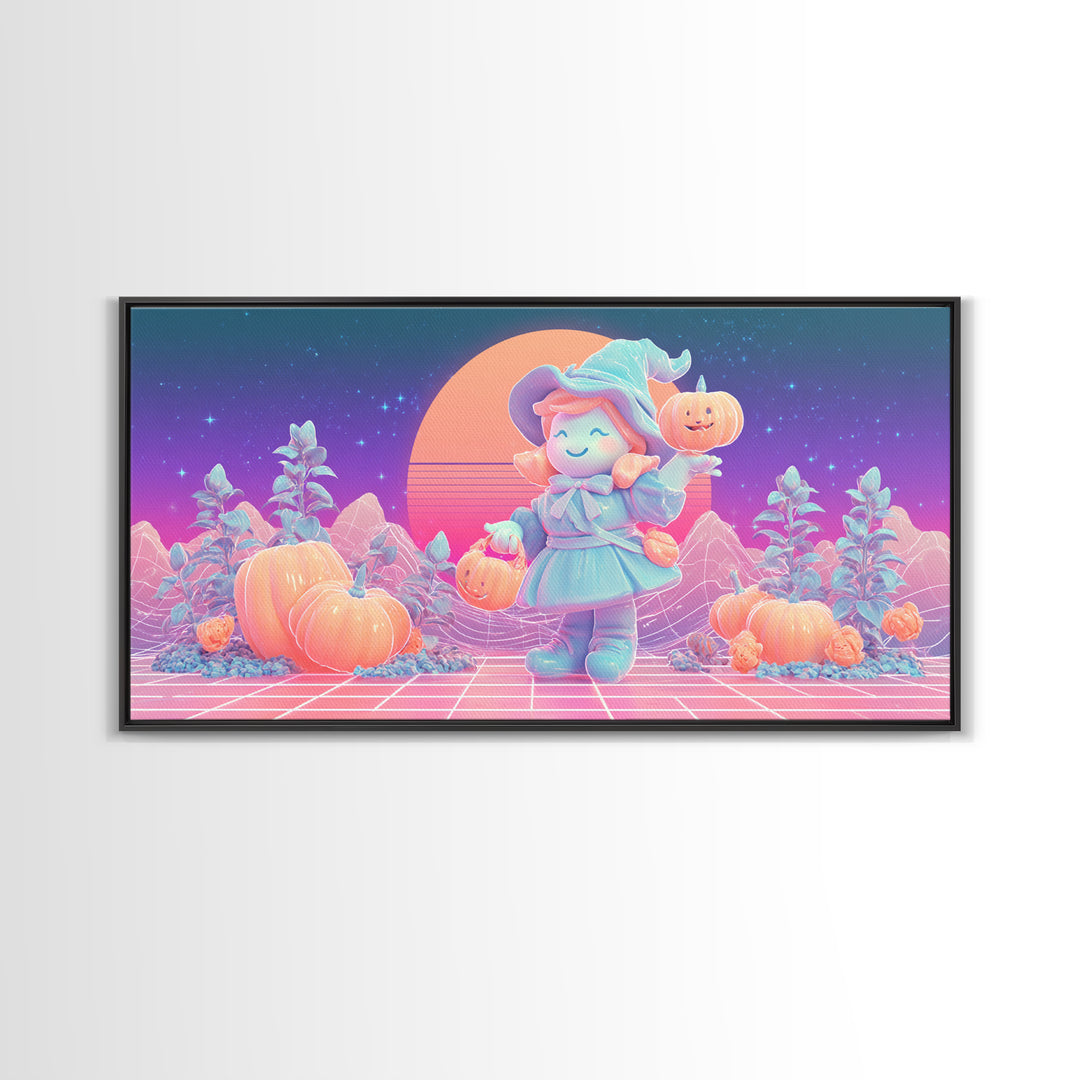 The Moon Garden Witch, Synthwave Halloween Art, Wide Panoramic Art, Framed Canvas Print, Retro Halloween Decor, Neon Wall Art