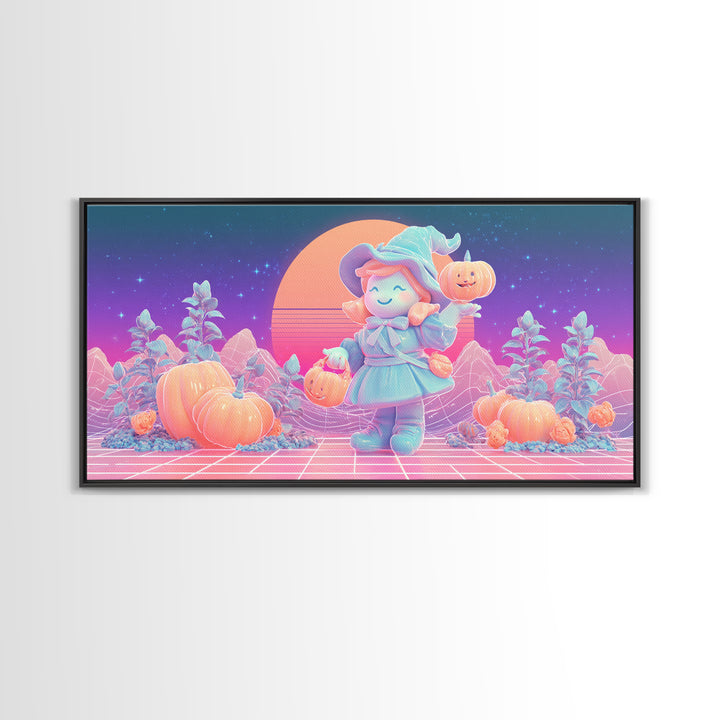 The Moon Garden Witch, Synthwave Halloween Art, Wide Panoramic Art, Framed Canvas Print, Retro Halloween Decor, Neon Wall Art