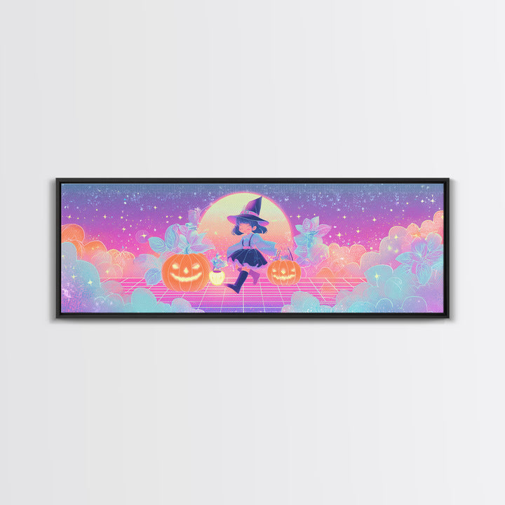 The Moon Garden Witch, 80s Halloween Wall Art, Extra Wide Wall Art, Framed Canvas Print, Retro Halloween Decor, Neon Wall Art