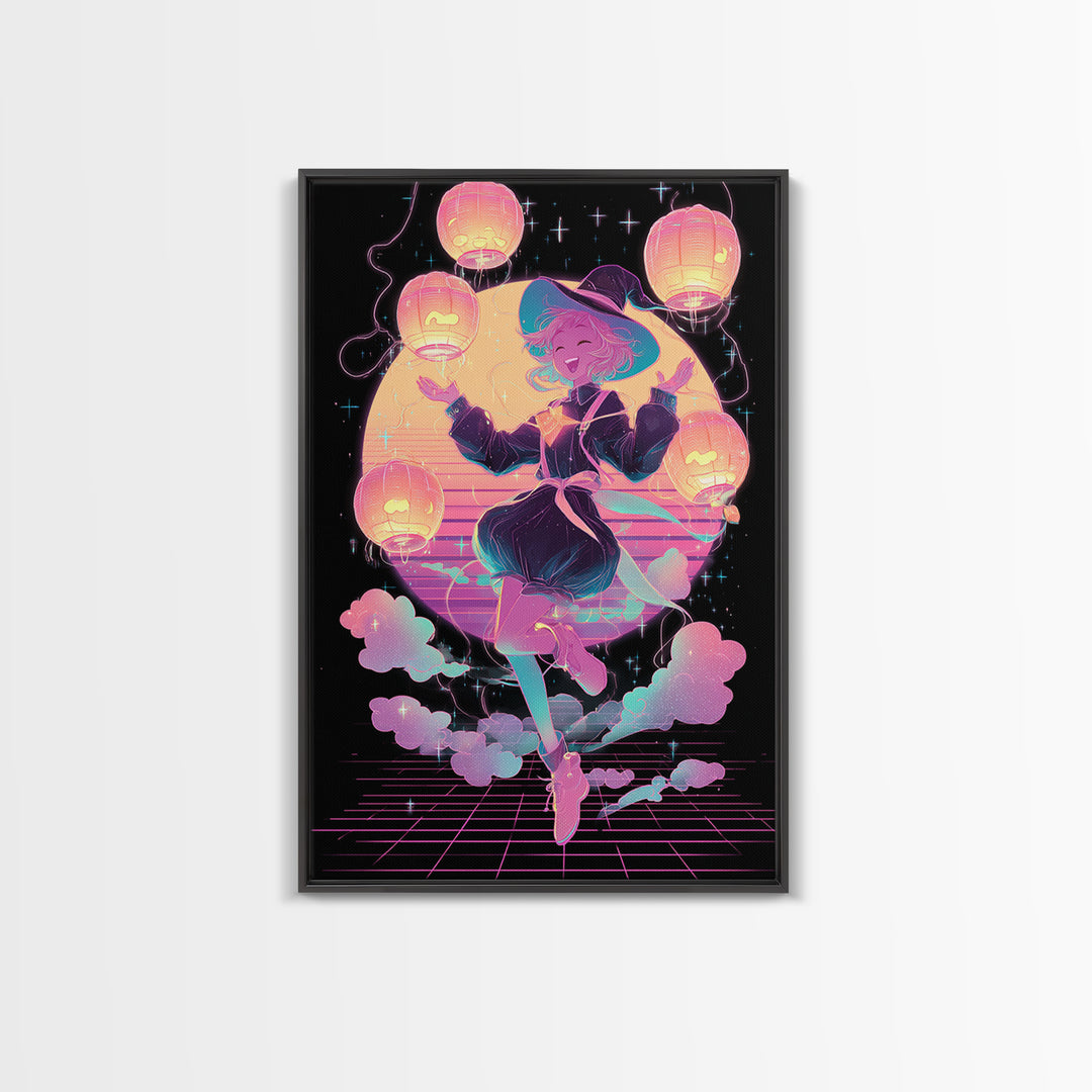 The Lantern-Light Wizard, Cute Spooky Neon Art, Vertical Wall Art, Framed Canvas Print, Retro Halloween Decor, Neon Wall Art