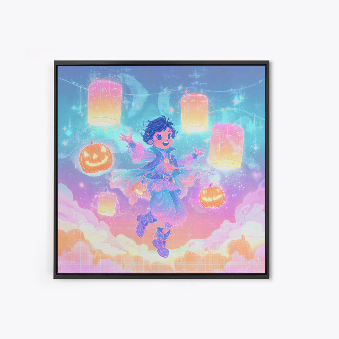 The Lantern-Light Wizard, Synthwave Halloween Art, Square Wall Art, Framed Canvas Print, Retro Halloween Decor, Neon Wall Art