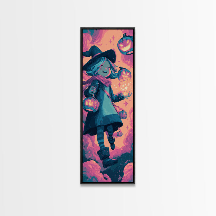 The Lantern-Light Wizard, 80s Halloween Wall Art, Tall Narrow Wall Art, Framed Canvas Print, Retro Halloween Decor, Neon Wall Art