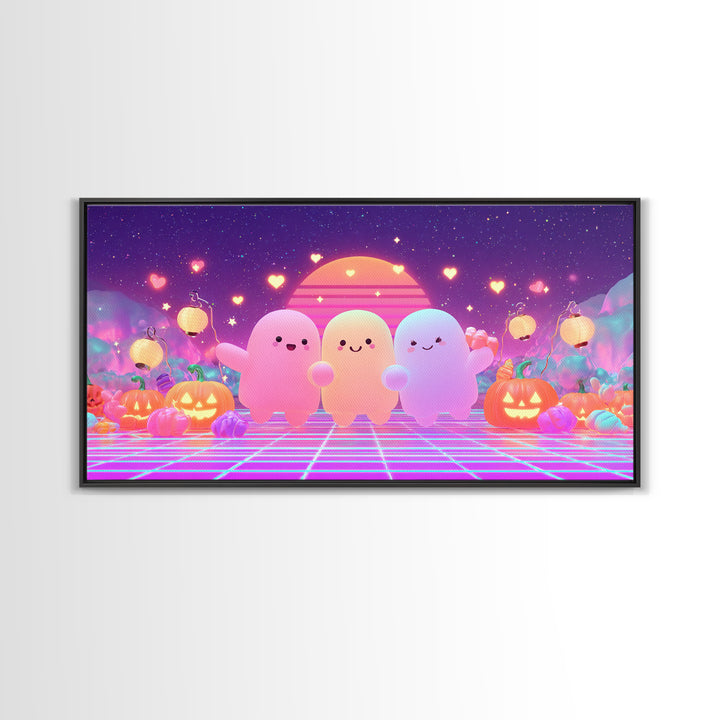 The Halloween Friendship Spell, 80s Halloween Wall Art, Wide Panoramic Art, Canvas Print, Retro Halloween Decor, Neon Wall Art