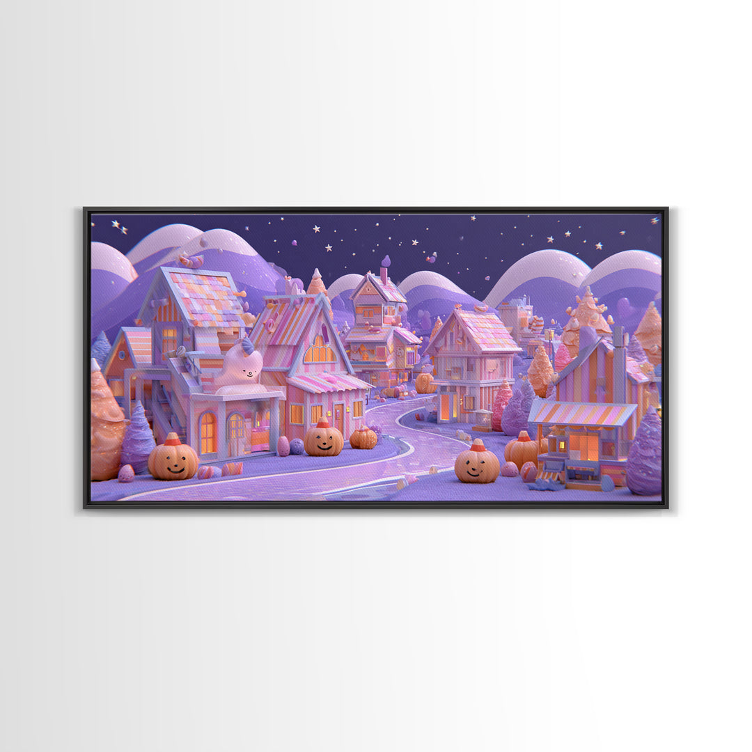 Candy Corn Village, 80s Halloween Wall Art, Wide Panoramic Art, Framed Canvas Print, Retro Halloween Decor, Neon Wall Art