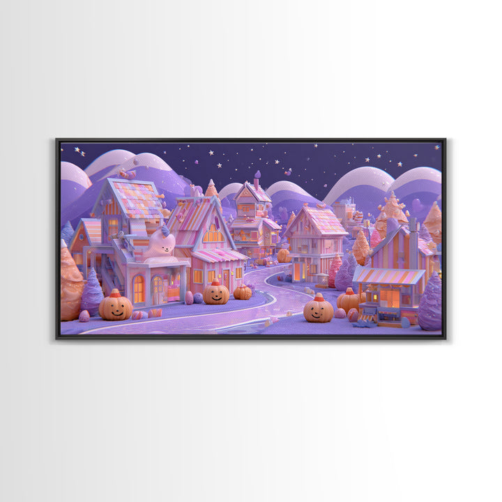 Candy Corn Village, 80s Halloween Wall Art, Wide Panoramic Art, Framed Canvas Print, Retro Halloween Decor, Neon Wall Art