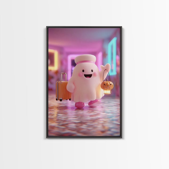 The Friendly Ghost Hotel, Retro Neon Halloween Art, Vertical Wall Art, Canvas Print, Retro Halloween Decor, Neon Wall Art, Horror Wall Art