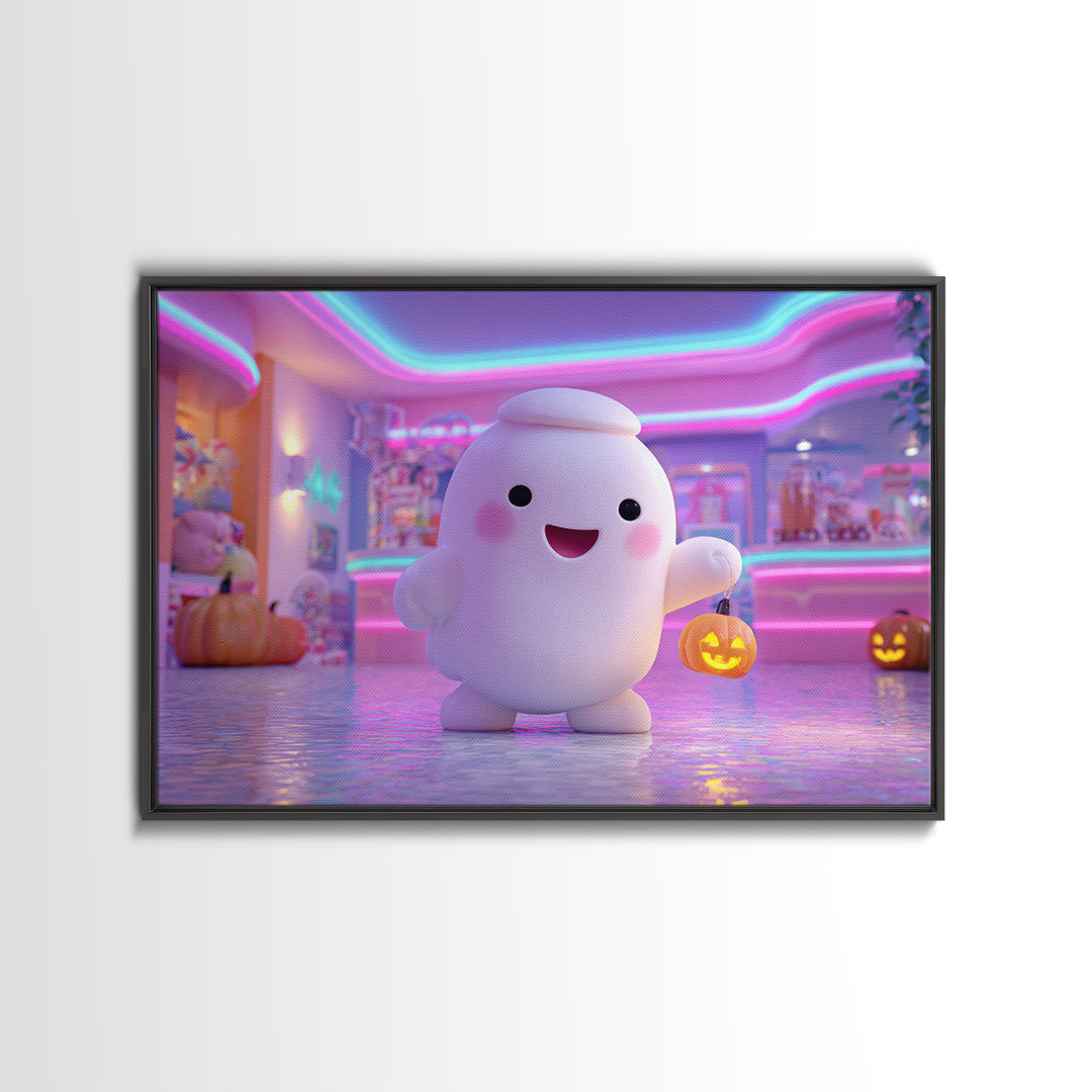 The Friendly Ghost Hotel, Cute Spooky Neon Art, Landscape Wall Art, Canvas Print, Retro Halloween Decor, Neon Wall Art, Macabre Wall Art