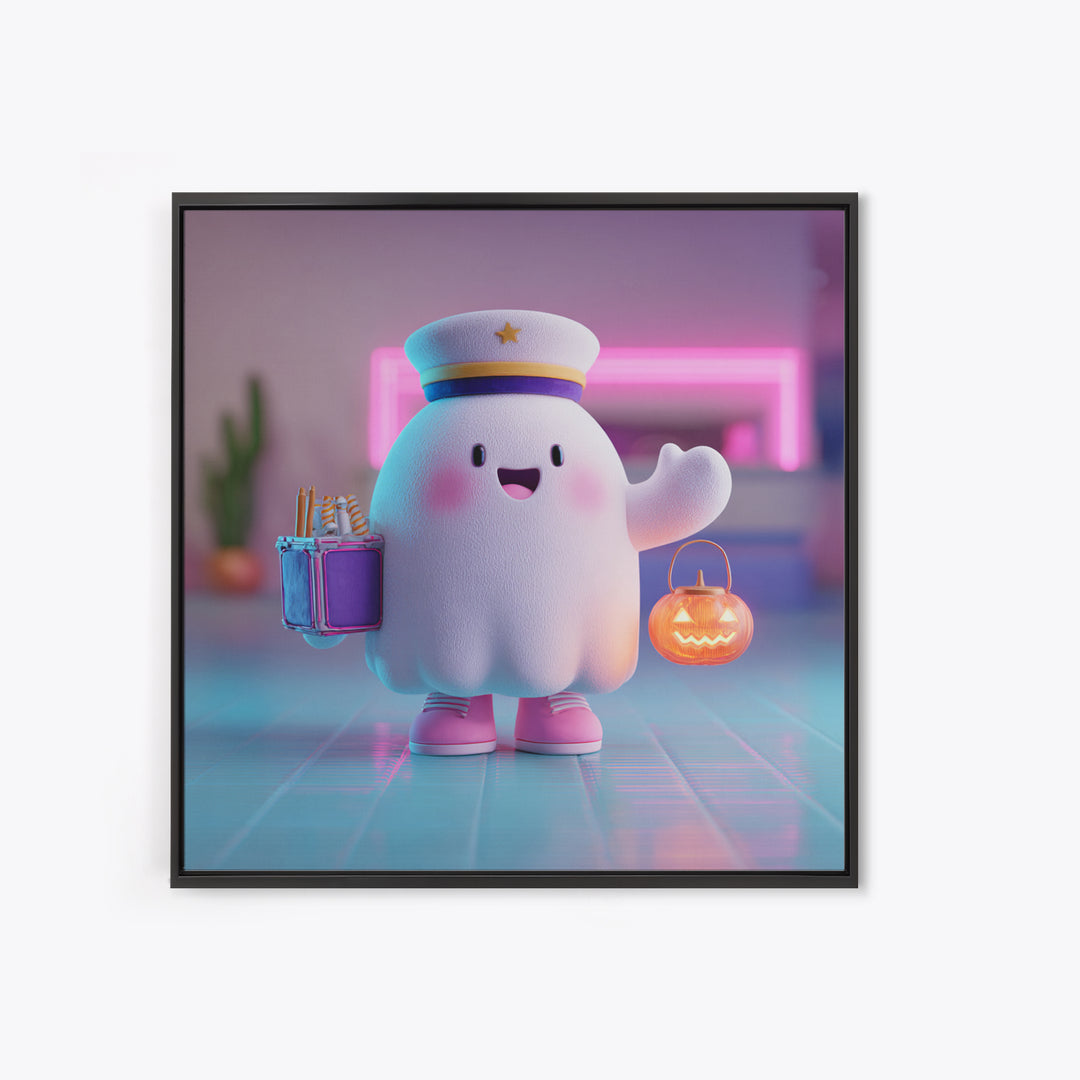 The Friendly Ghost Hotel, 80s Halloween Wall Art, Square Wall Art, Canvas Print, Retro Halloween Decor, Neon Wall Art, Horror Wall Art