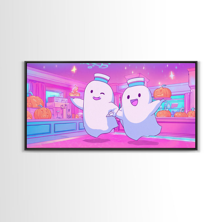 The Friendly Ghost Hotel, Cute Spooky Neon Art, Wide Panoramic Art, Framed Canvas Print, Retro Halloween Decor, Neon Wall Art