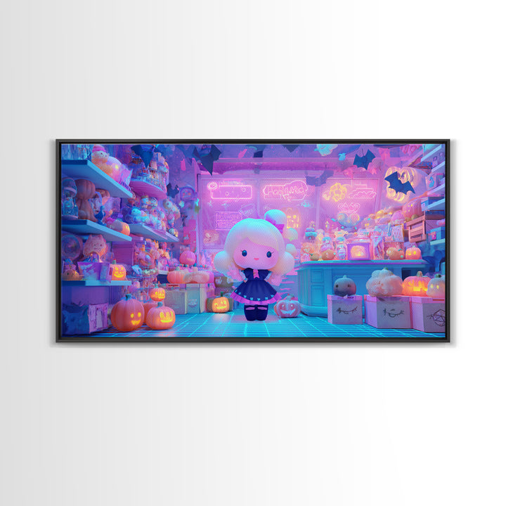 The Moonlight Toy Shop, Vaporwave Halloween Decor, Wide Panoramic Art, Canvas Print, Retro Halloween Decor, Neon Wall Art