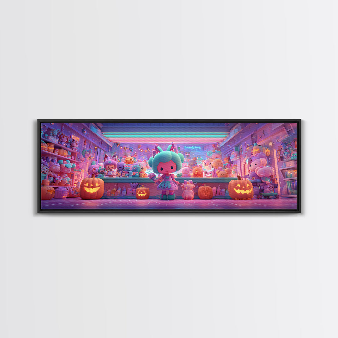 The Moonlight Toy Shop, Cute Spooky Neon Art, Extra Wide Wall Art, Canvas Print, Retro Halloween Decor, Neon Wall Art, Statement Wall Art