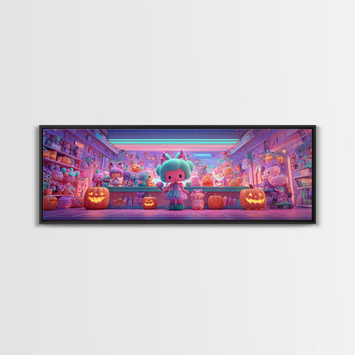 The Moonlight Toy Shop, Cute Spooky Neon Art, Extra Wide Wall Art, Canvas Print, Retro Halloween Decor, Neon Wall Art, Statement Wall Art