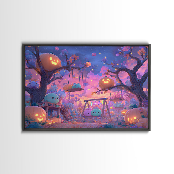 The Pumpkin Patch Playground, Synthwave Halloween Art, Landscape Wall Art, Canvas Print, Retro Halloween Decor, Neon Wall Art