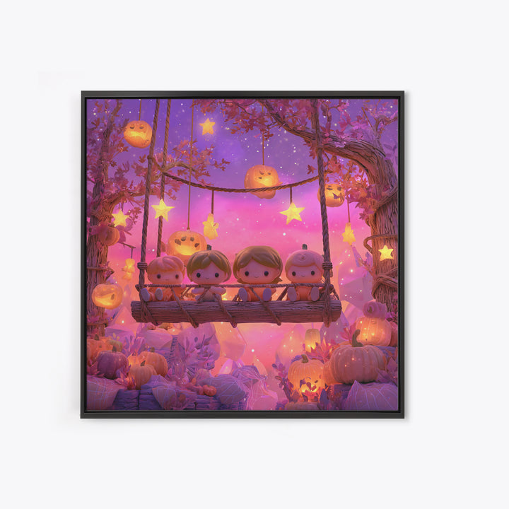 The Pumpkin Patch Playground, Retro Neon Halloween Art, Square Wall Art, Canvas Print, Retro Halloween Decor, Neon Wall Art
