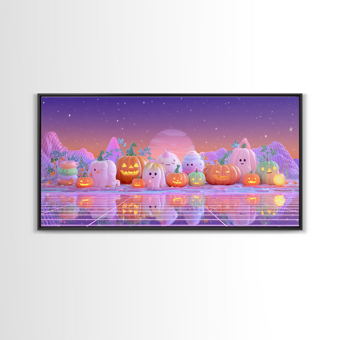 The Pumpkin Patch Playground, Vaporwave Halloween Decor, Wide Panoramic Art, Framed Canvas Print, Retro Halloween Decor, Neon Wall Art