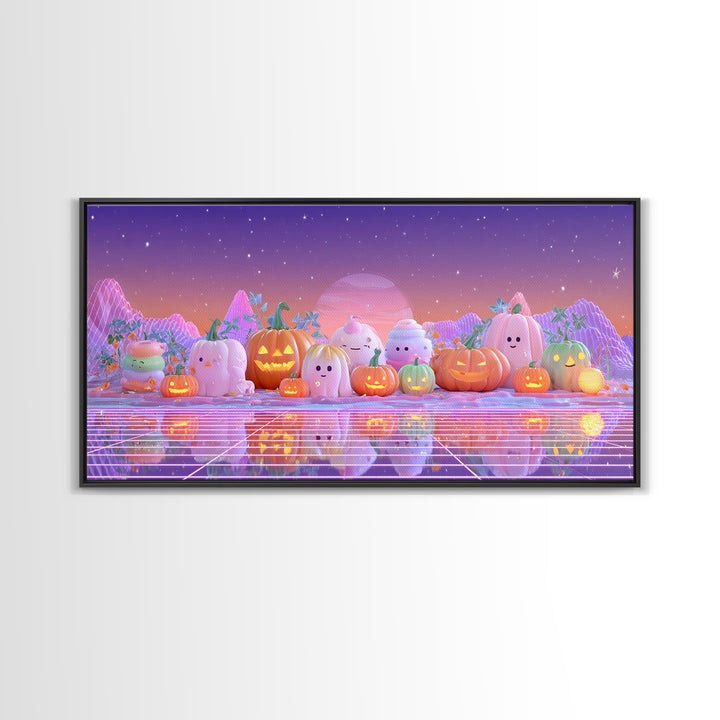 The Pumpkin Patch Playground, Vaporwave Halloween Decor, Wide Panoramic Art, Framed Canvas Print, Retro Halloween Decor, Neon Wall Art