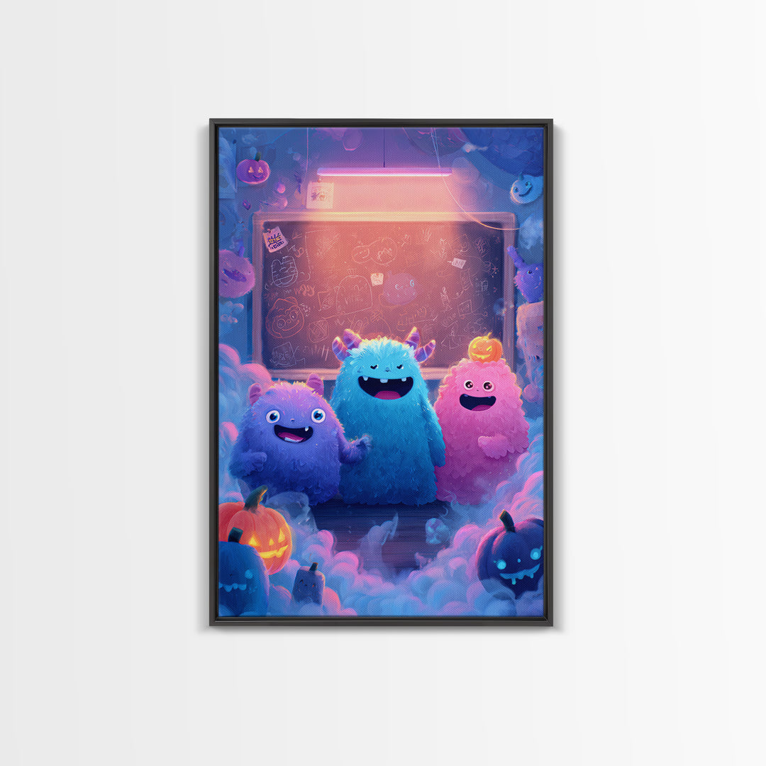 The Little Monster School, 80s Halloween Wall Art, Vertical Wall Art, Canvas Print, Retro Halloween Decor, Neon Wall Art, Spooky Wall Decor