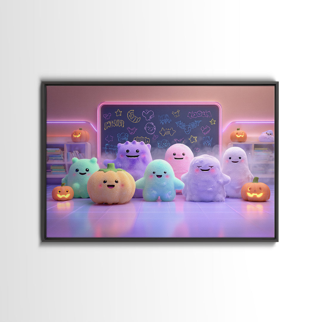 The Little Monster School, Cute Spooky Neon Art, Landscape Wall Art, Framed Canvas Print, Retro Halloween Decor, Neon Wall Art