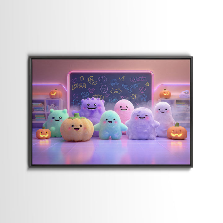 The Little Monster School, Cute Spooky Neon Art, Landscape Wall Art, Framed Canvas Print, Retro Halloween Decor, Neon Wall Art