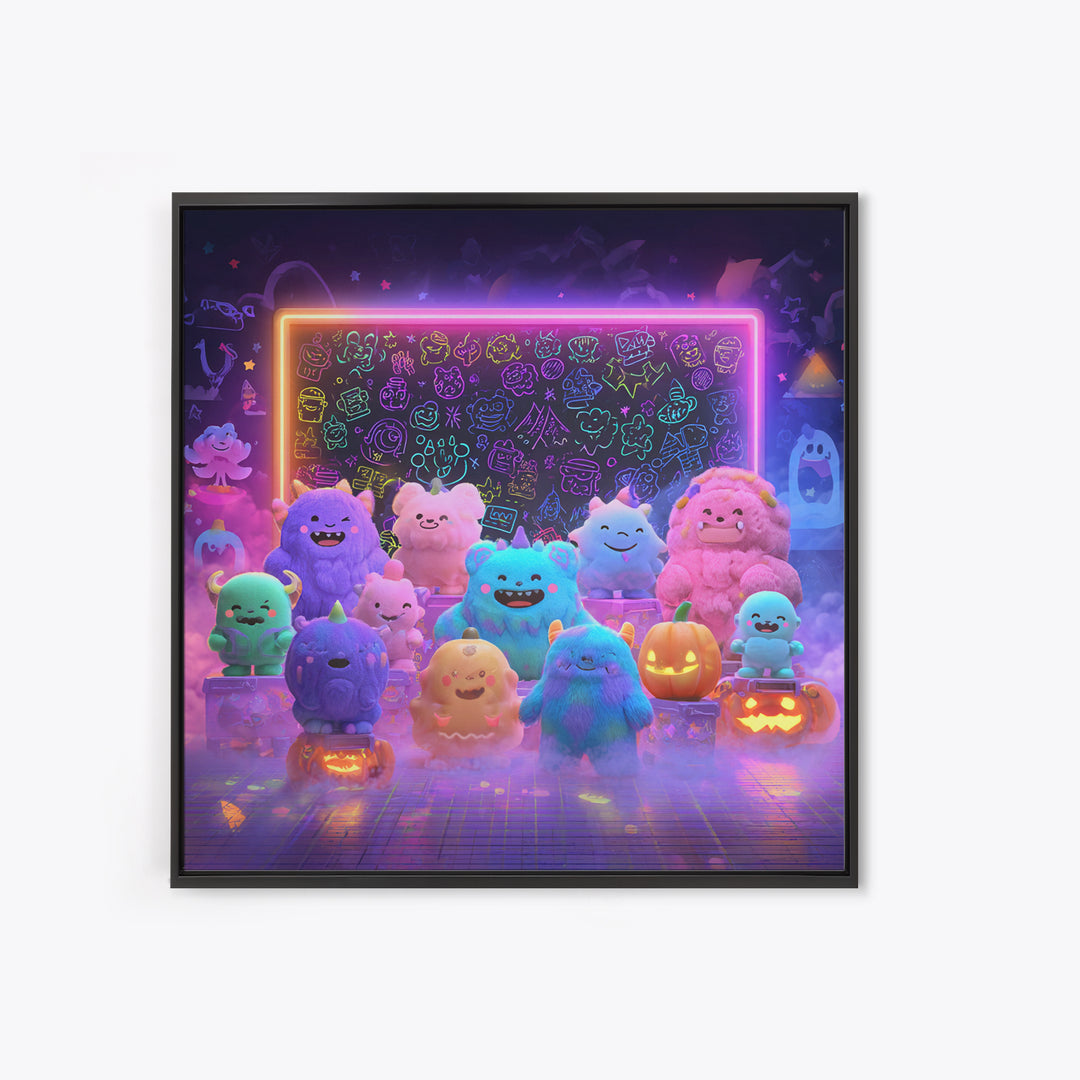 The Little Monster School, Synthwave Halloween Art, Square Wall Art, Canvas Print, Retro Halloween Decor, Neon Wall Art, Seasonal Home Decor