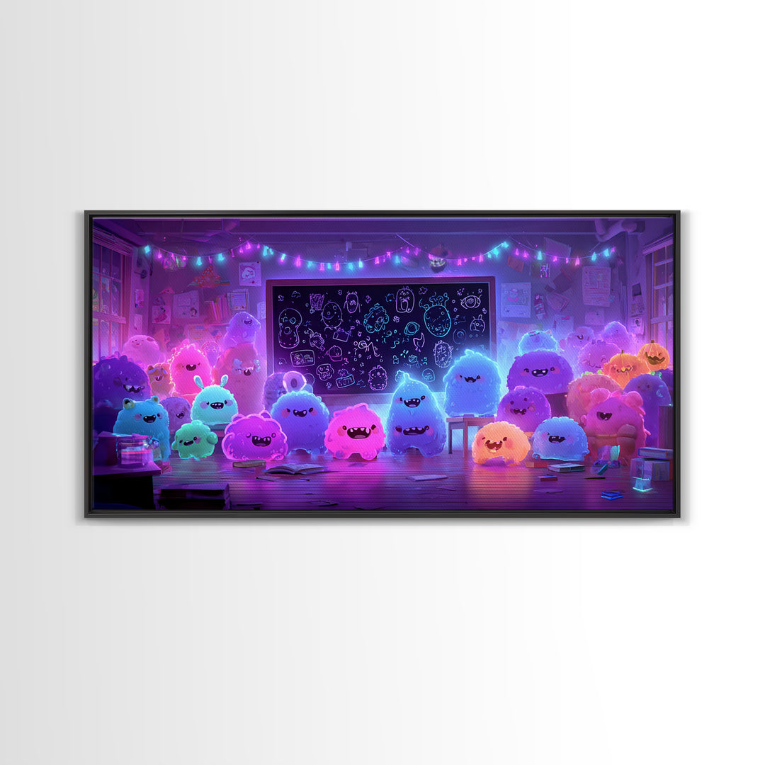 The Little Monster School, Vaporwave Halloween Decor, Wide Panoramic Art, Canvas Print, Retro Halloween Decor, Neon Wall Art