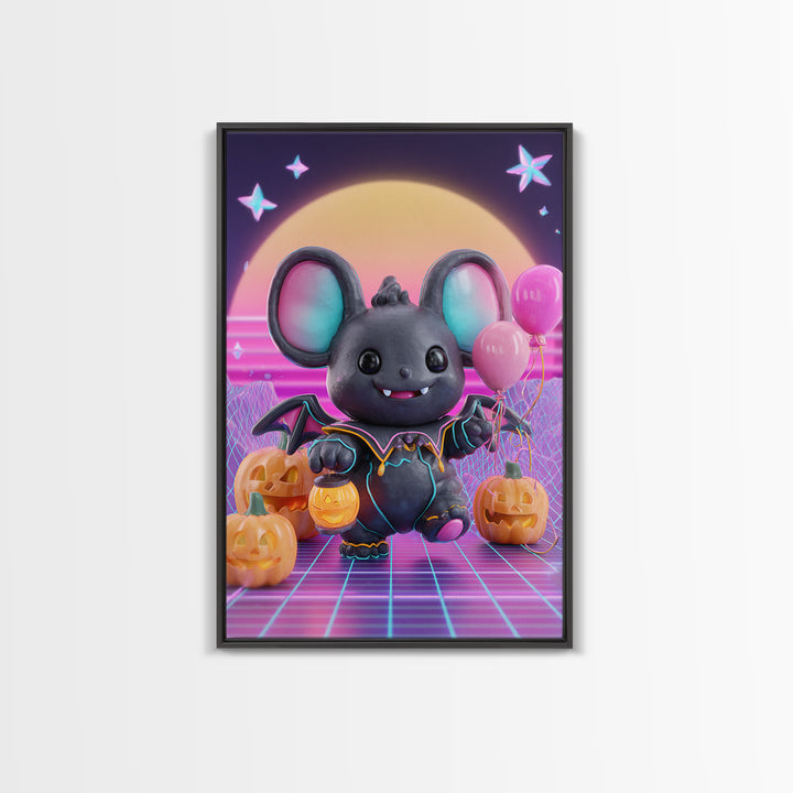 The Bat Balloon Factory, Cute Spooky Neon Art, Vertical Wall Art, Canvas Print, Retro Halloween Decor, Neon Wall Art, Collectible Wall Decor
