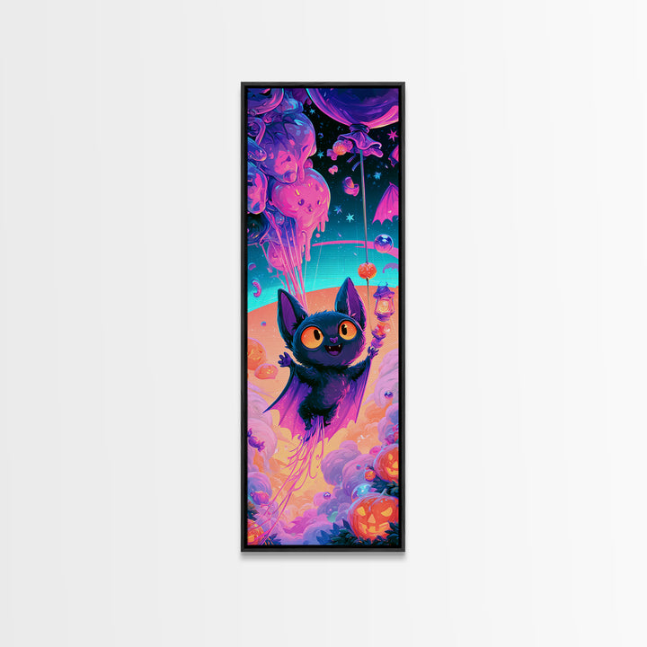 The Bat Balloon Factory, Cute Spooky Neon Art, Tall Narrow Wall Art, Canvas Print, Retro Halloween Decor, Neon Wall Art, Macabre Wall Art