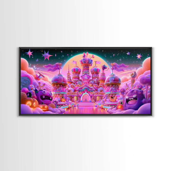 The Candy Castle, Vaporwave Halloween Decor, Wide Panoramic Art, Canvas Print, Retro Halloween Decor, Neon Wall Art, Horror Wall Art