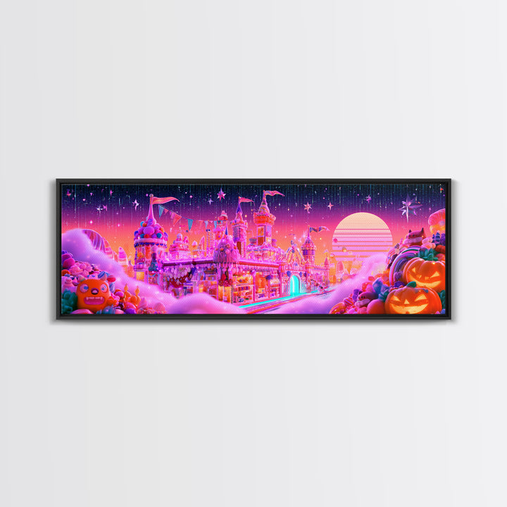The Candy Castle, Vaporwave Halloween Decor, Extra Wide Wall Art, Canvas Print, Retro Halloween Decor, Neon Wall Art, Spooky Wall Decor