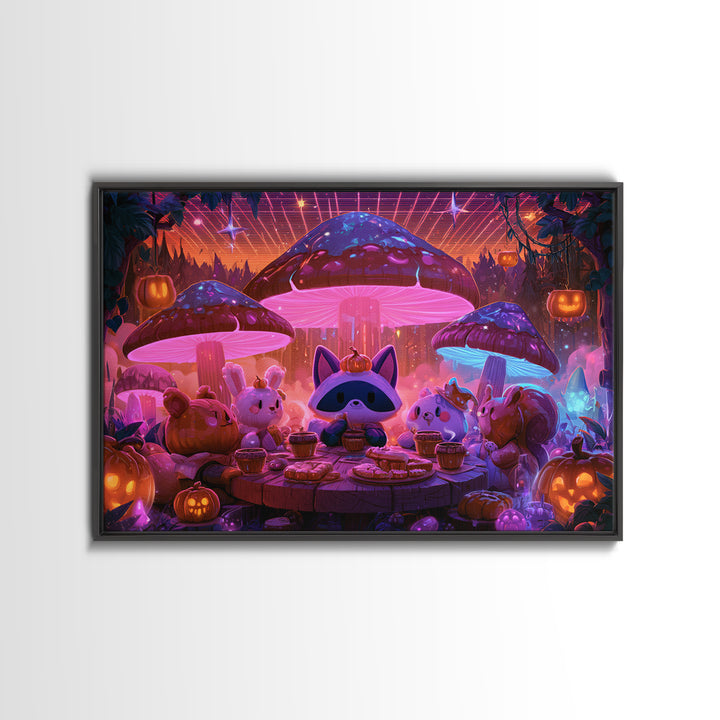 The Friendly Forest Cafe, Synthwave Halloween Art, Landscape Wall Art, Framed Canvas Print, Retro Halloween Decor, Neon Wall Art