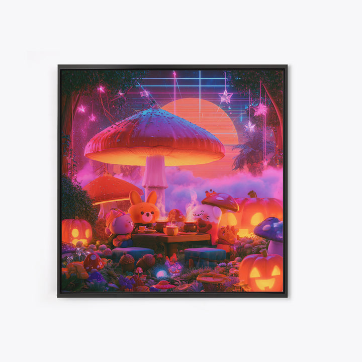 The Friendly Forest Cafe, Synthwave Halloween Art, Square Wall Art, Canvas Print, Retro Halloween Decor, Neon Wall Art, Dark Fantasy Art
