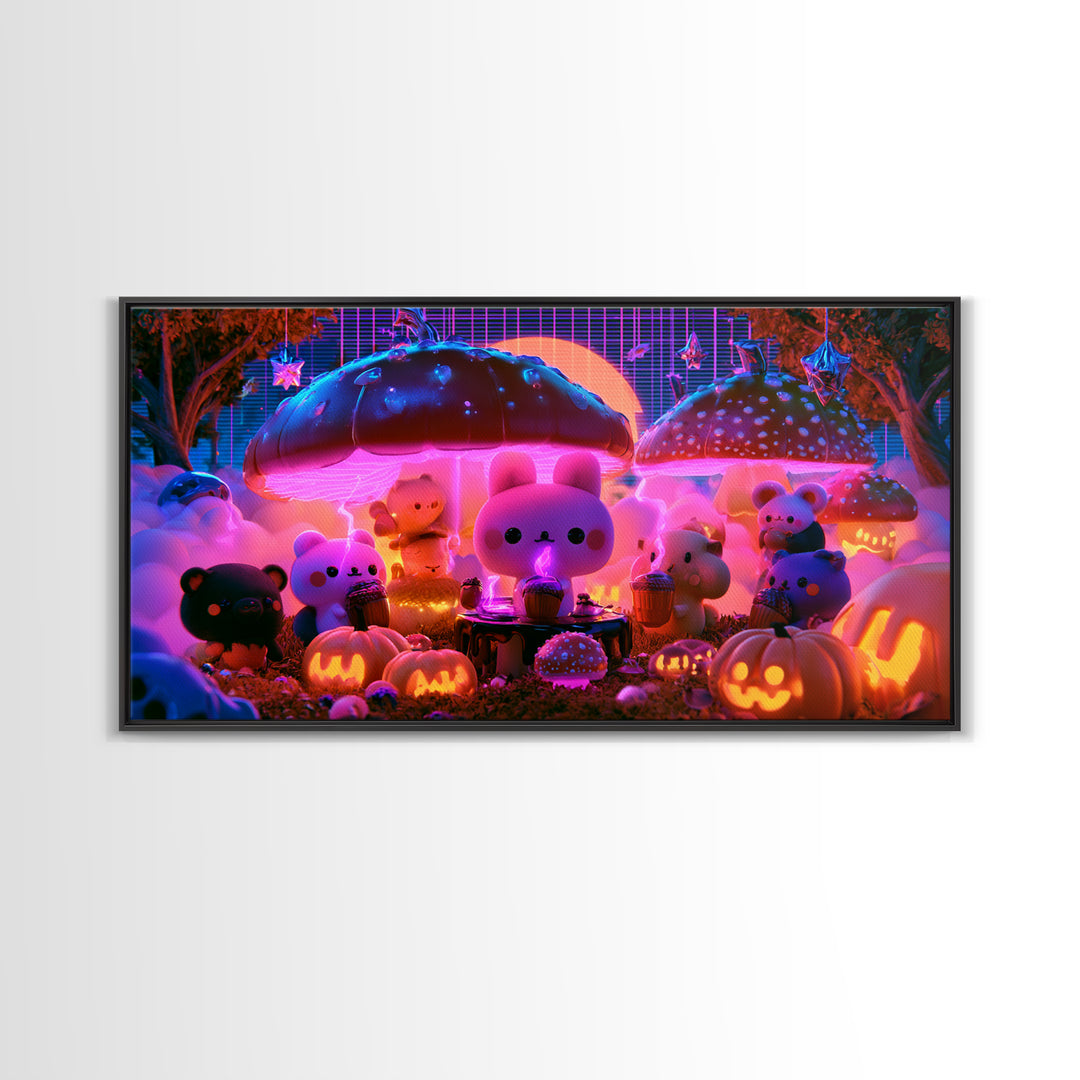 The Friendly Forest Cafe, Retro Neon Halloween Art, Wide Panoramic Art, Framed Canvas Print, Retro Halloween Decor, Neon Wall Art