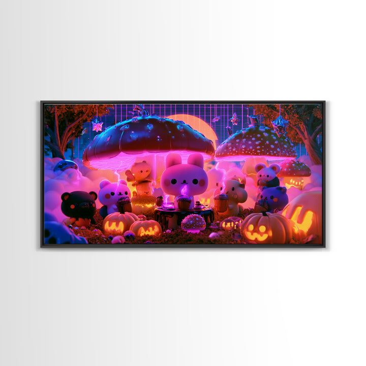 The Friendly Forest Cafe, Retro Neon Halloween Art, Wide Panoramic Art, Framed Canvas Print, Retro Halloween Decor, Neon Wall Art