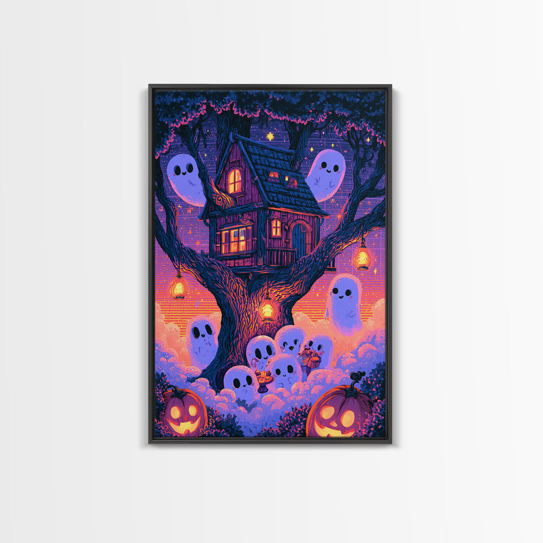 The Ghostly Treehouse, Vaporwave Halloween Decor, Vertical Wall Art, Canvas Print, Retro Halloween Decor, Neon Wall Art, Statement Wall Art
