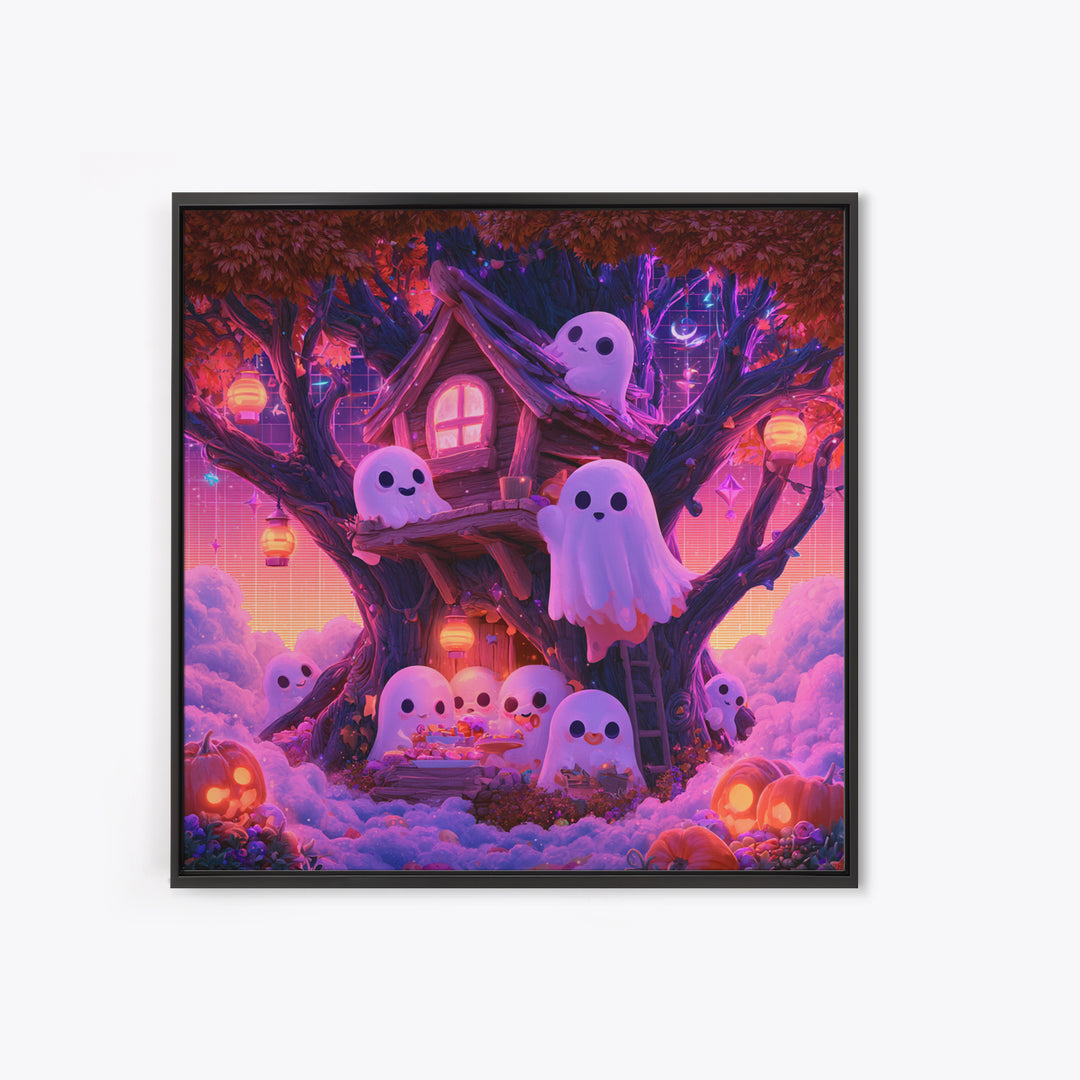 The Ghostly Treehouse, 80s Halloween Wall Art, Square Wall Art, Framed Canvas Print, Retro Halloween Decor, Neon Wall Art