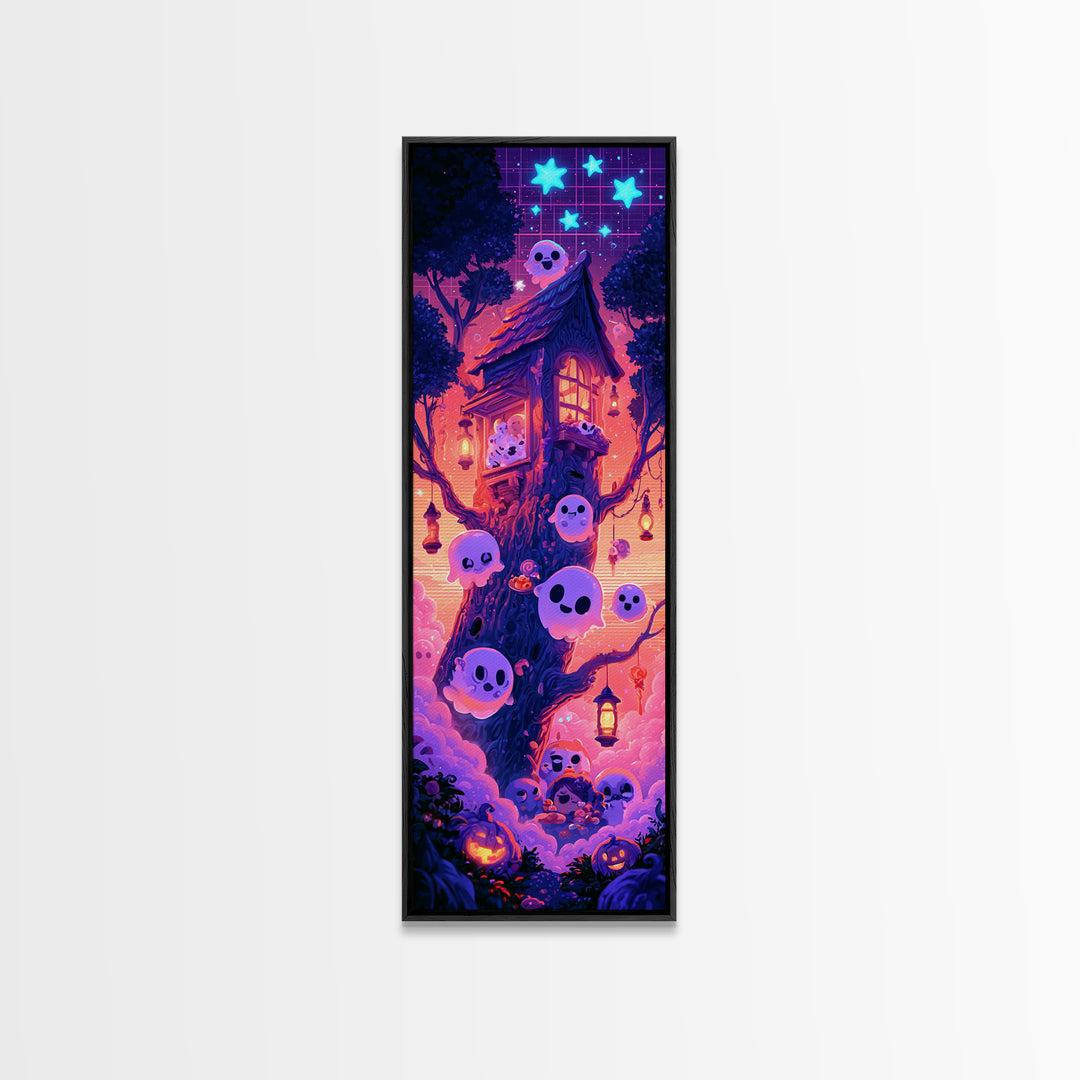 The Ghostly Treehouse, Synthwave Halloween Art, Tall Narrow Wall Art, Canvas Print, Retro Halloween Decor, Neon Wall Art, Macabre Wall Art