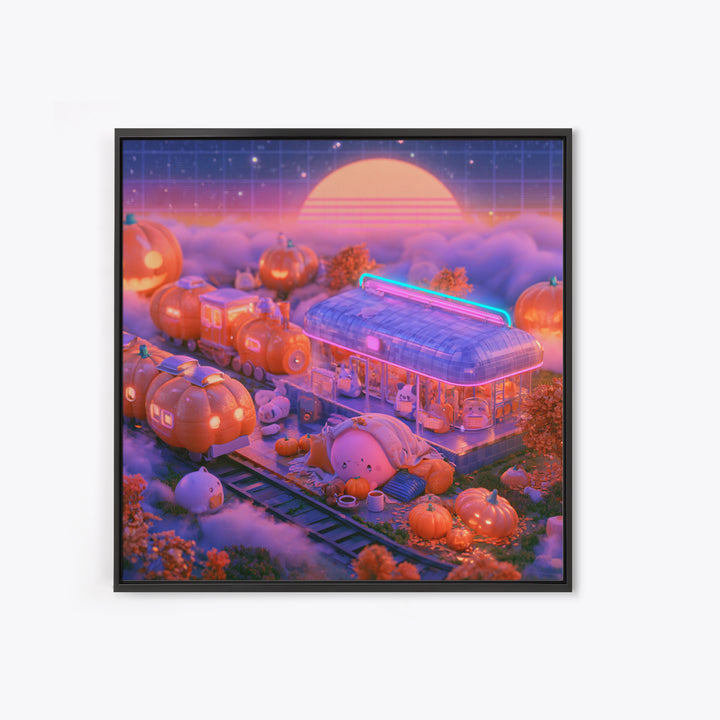 The Pumpkin Train Station, Cute Spooky Neon Art, Square Wall Art, Canvas Print, Retro Halloween Decor, Neon Wall Art, Gothic Home Decor