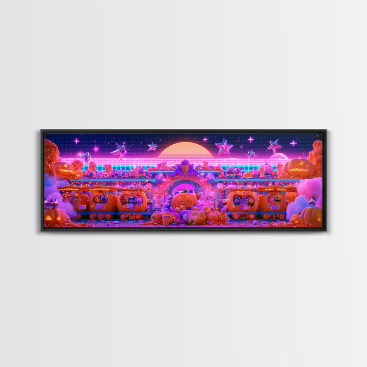 The Pumpkin Train Station, Cute Spooky Neon Art, Extra Wide Wall Art, Framed Canvas Print, Retro Halloween Decor, Neon Wall Art