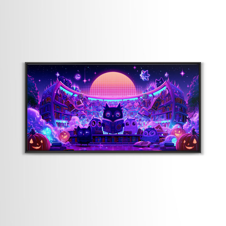 The Moonbeam Library, Vaporwave Halloween Decor, Wide Panoramic Art, Canvas Print, Retro Halloween Decor, Neon Wall Art, Macabre Wall Art
