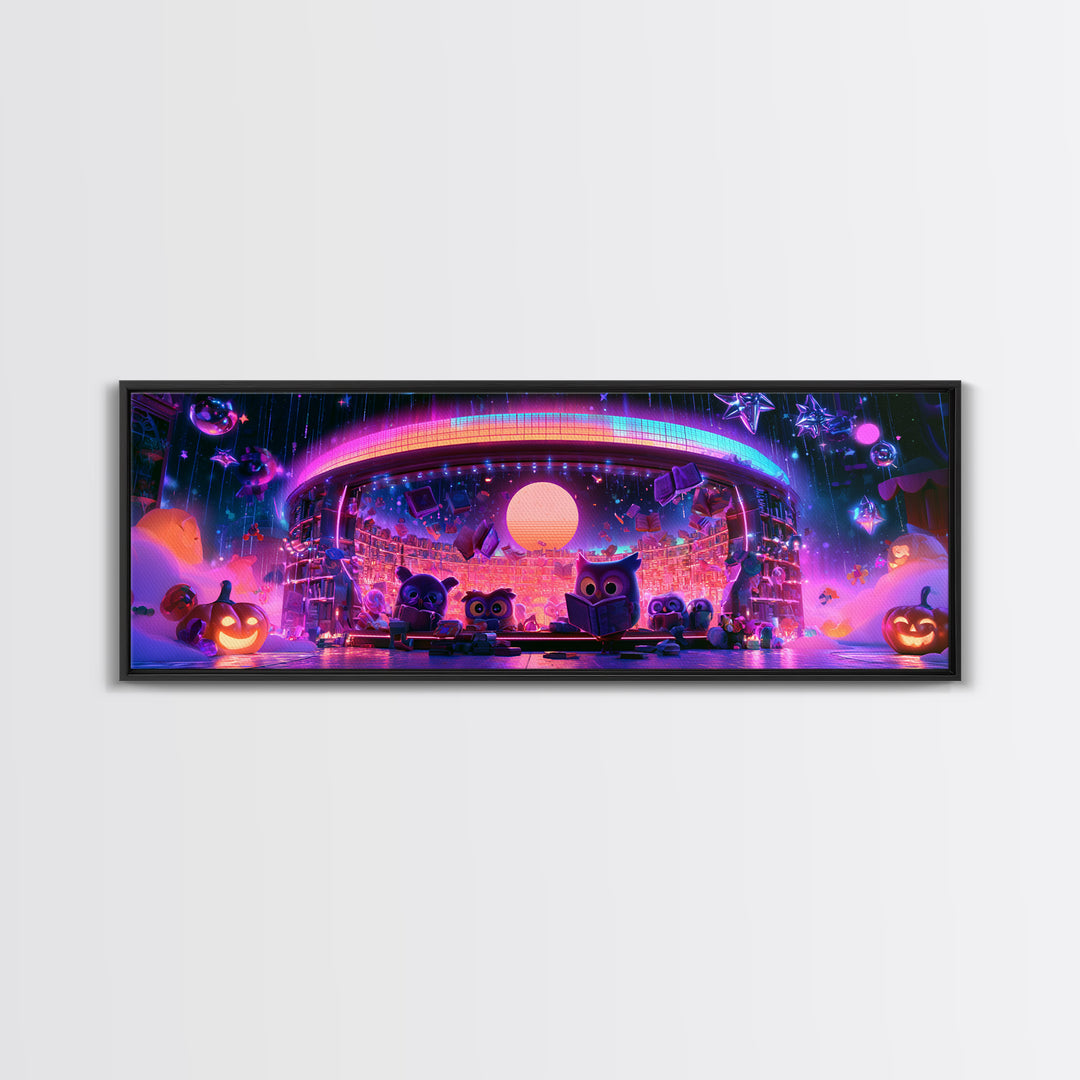 The Moonbeam Library, Cute Spooky Neon Art, Extra Wide Wall Art, Framed Canvas Print, Retro Halloween Decor, Neon Wall Art, Dark Fantasy Art